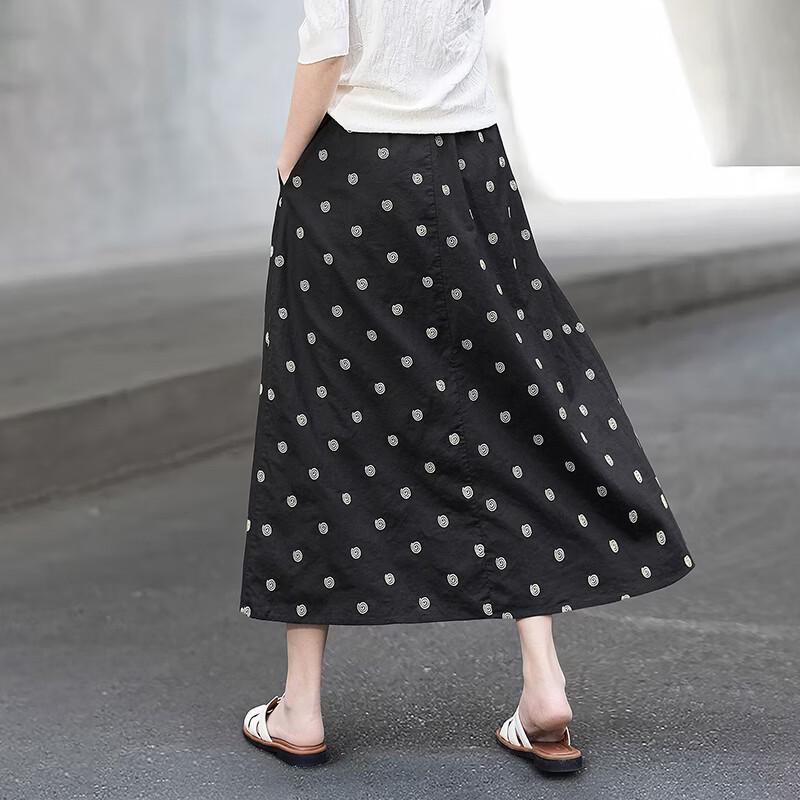 Women's Elegant Linen Polka Dot A-line Midi Skirt