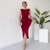 2025 Summer European & American One-Shoulder Sleeveless Pleated Long Dress with Slit