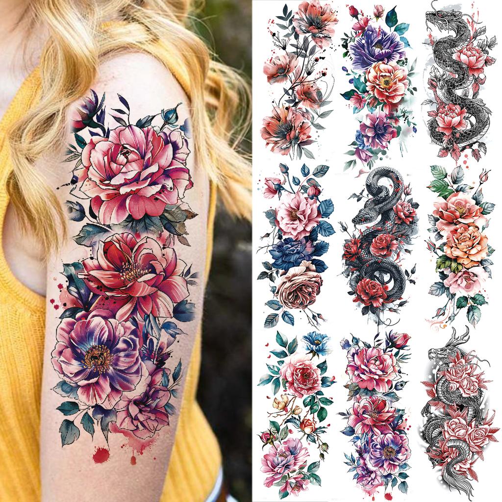 1 Sheet Watercolour Flower Snake Drggon Peony Temporary Tattoos For Women Adults Fake Rose Sexy Tattoo Sticker Arm Forearm Leg
