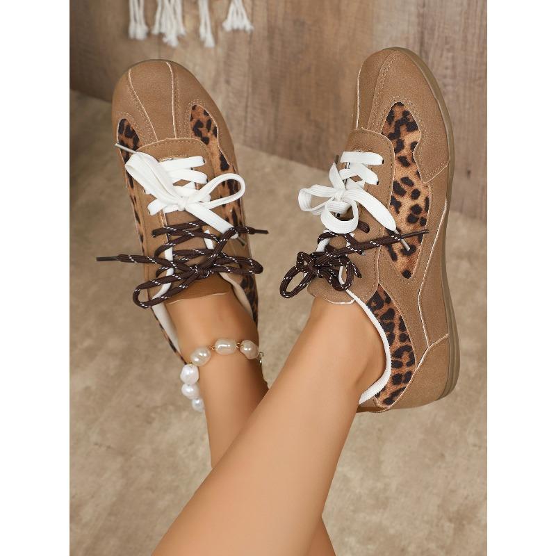 Vielseitige Freizeitschuhe für Frühling/Herbst – Atmungsaktive Zweifarbige Schnürschuhe mit Leopardenmuster, Retro-Flachschuhe, Deutsche Trainingsschuhe für Damen in Rosa