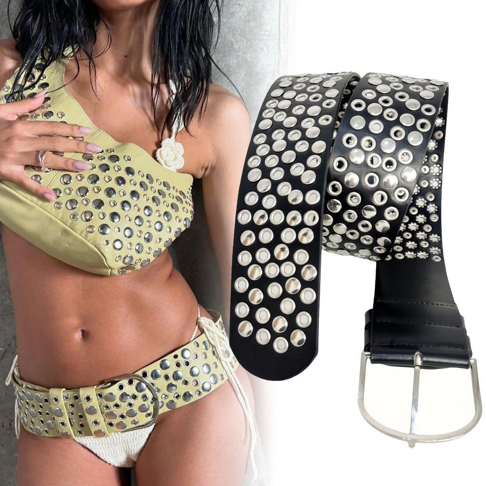Luxury Design Eyelet Rivet Belt Punk Hollow Grommet Decorative Belt  for Women Club Outfit