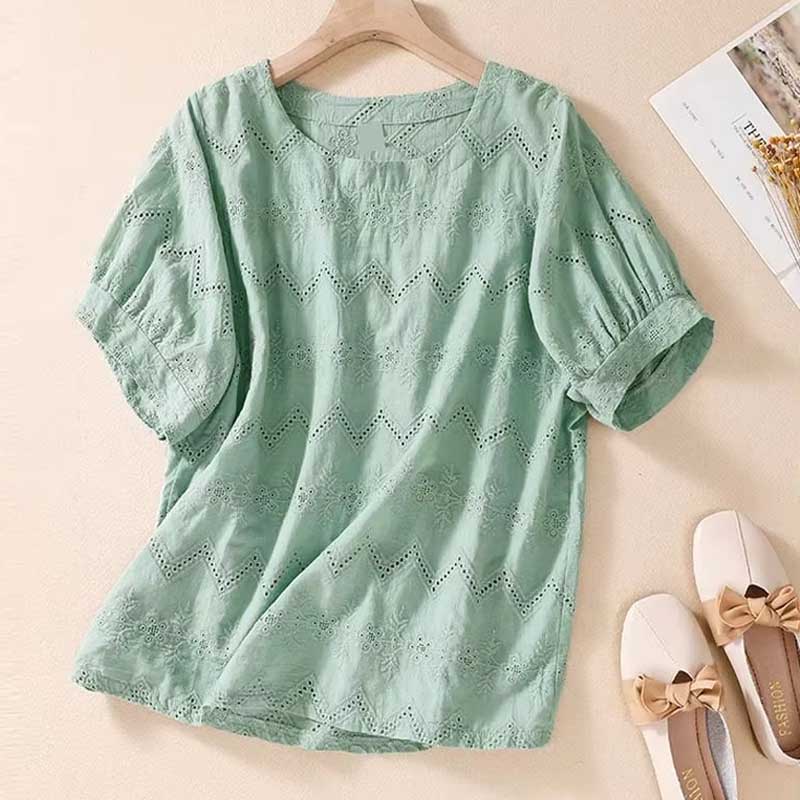 

Cotton and Linen Summer New Style Short Sleeved Women s Stylish T-shirt Women s White Linen Classic Small Shirt Top L зелений