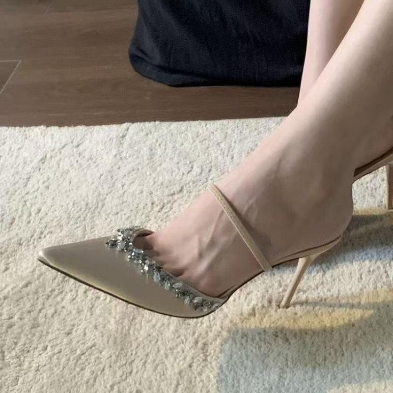Fashion New Women's Modern High Heel Pointed Toe Sandal Women Thin Heel Apricot Crystal Design Office Shoes Woman Luxury Party Shoes