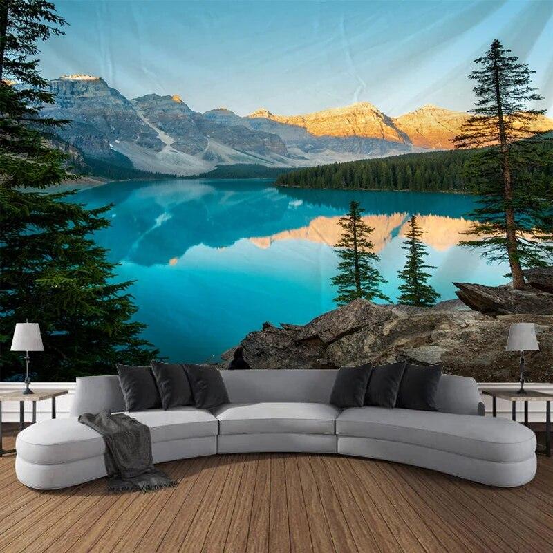 Natürliche Berge See Nadelbaum Landschaft Wandteppich Wandbehang Schlafzimmer Wohnzimmer Wohndekoration