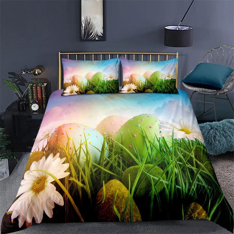 Juego de Ropa de Cama Suave con Huevos de Pascua Estampado 3D Dibujos Animados de Conejo Huevos Funda Nórdica Funda de Almohada de Poliéster Saludos y Regalos Para el Día de Pascua