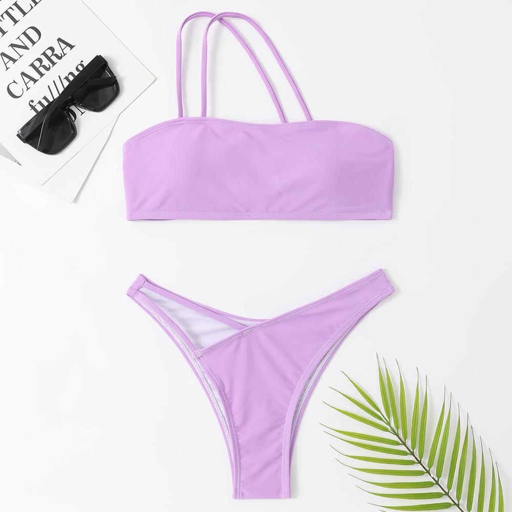 2023 European & American One-Shoulder Solid Color Split Bandeau Bikini Swimwear