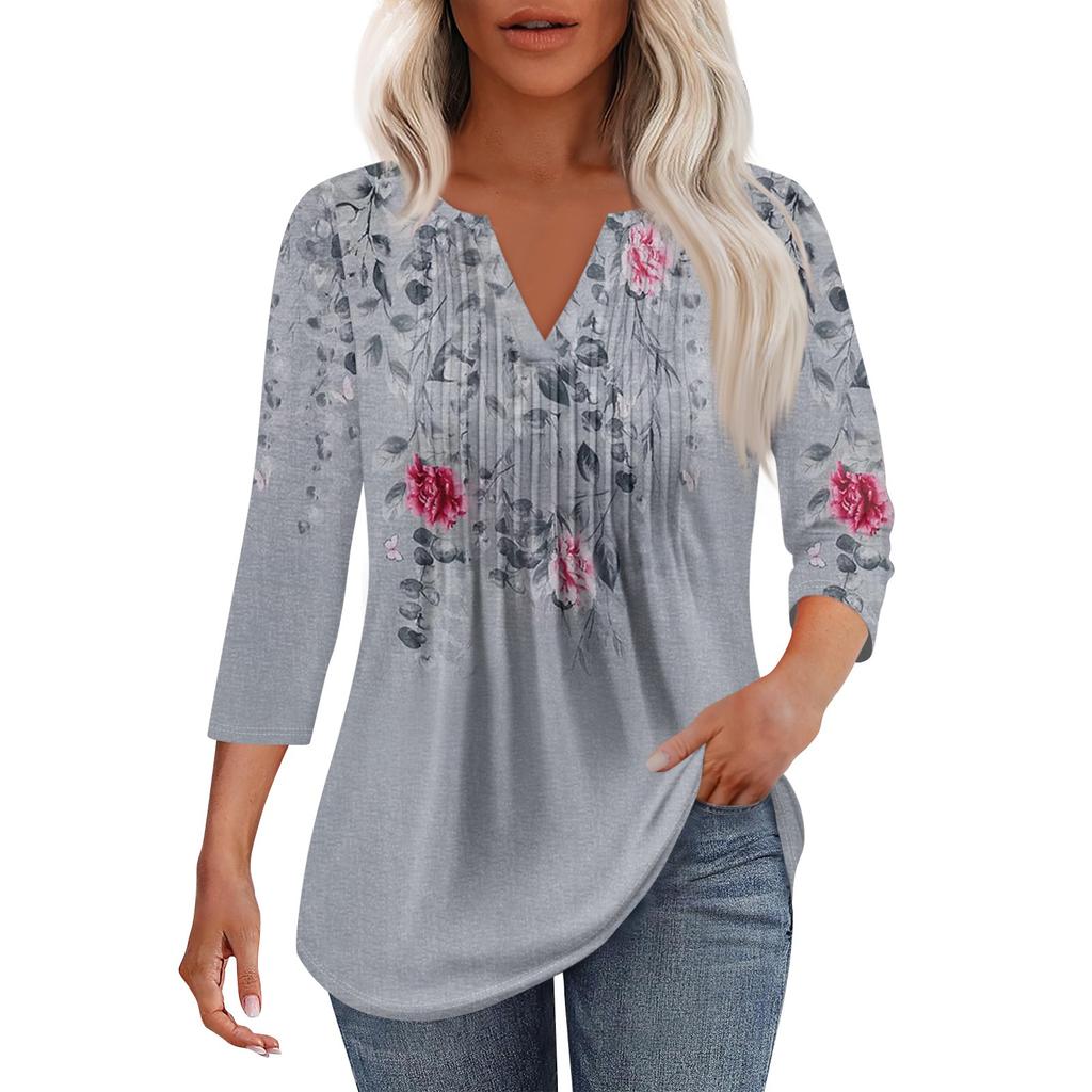 Women's Fashionable Casual Pleated  V Neck Solid Color Seven Quarter Sleeve T-shirt Top