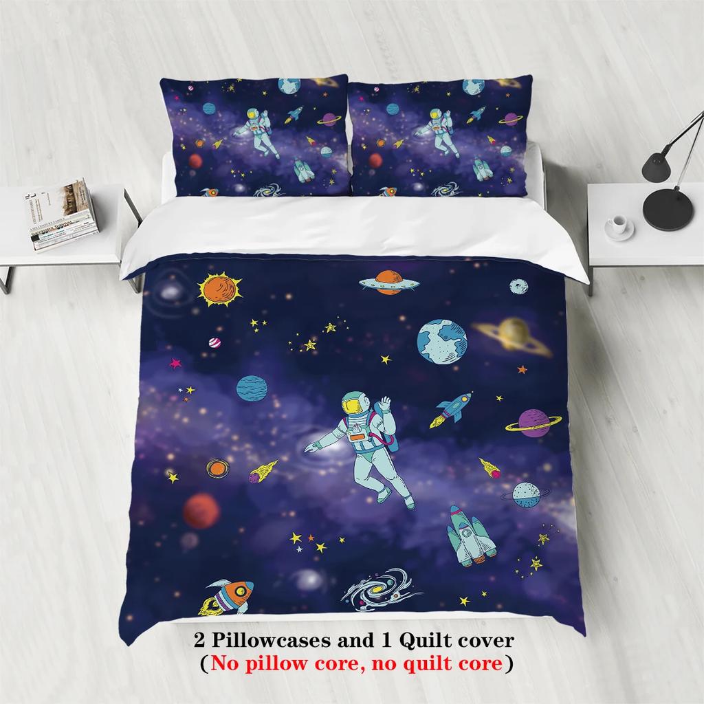 3-Piece Starry Sky Space Planet Astronaut Pattern Print (1 Duvet Cover+2 Pillowcases No Core) Comfortable Bedding Set