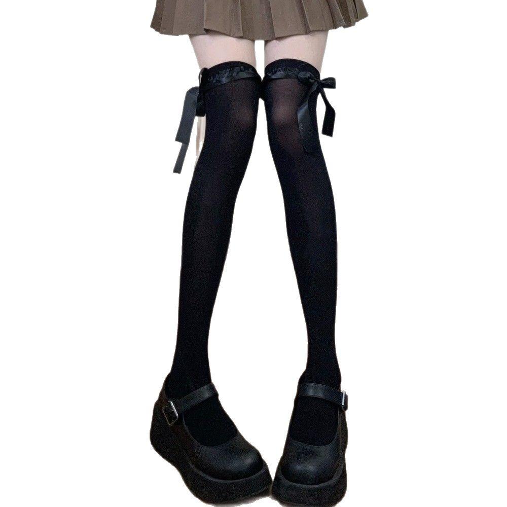 Milk White Lolita Velvet Knee Socks Long Tube Spring And Autumn Lace Ribbon Bow High Tube Socks Lolita