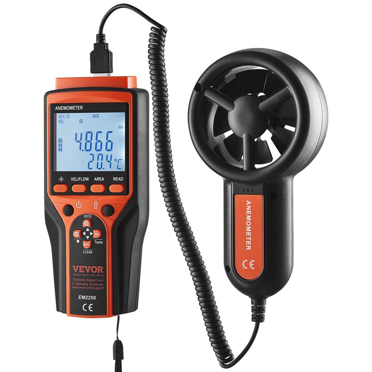 Dělený ruční anemometr, 14℉-140℉, Digitální měřič rychlosti větru CFM s LED podsvíceným displejem, Měří rychlost větru, teplotu větru, průtok vzduchu