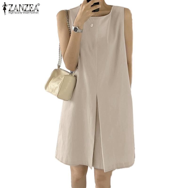 ZANZEA Women Summer Sleeveless Crew Neck Knee Length Dresses