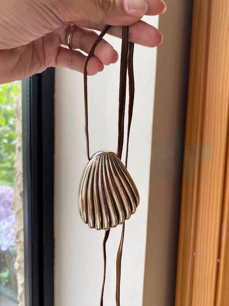 Buh* Haute Couture Seashell Necklace: Silver Antiqued Scallop Pendant On Adjustable Brown Cord
