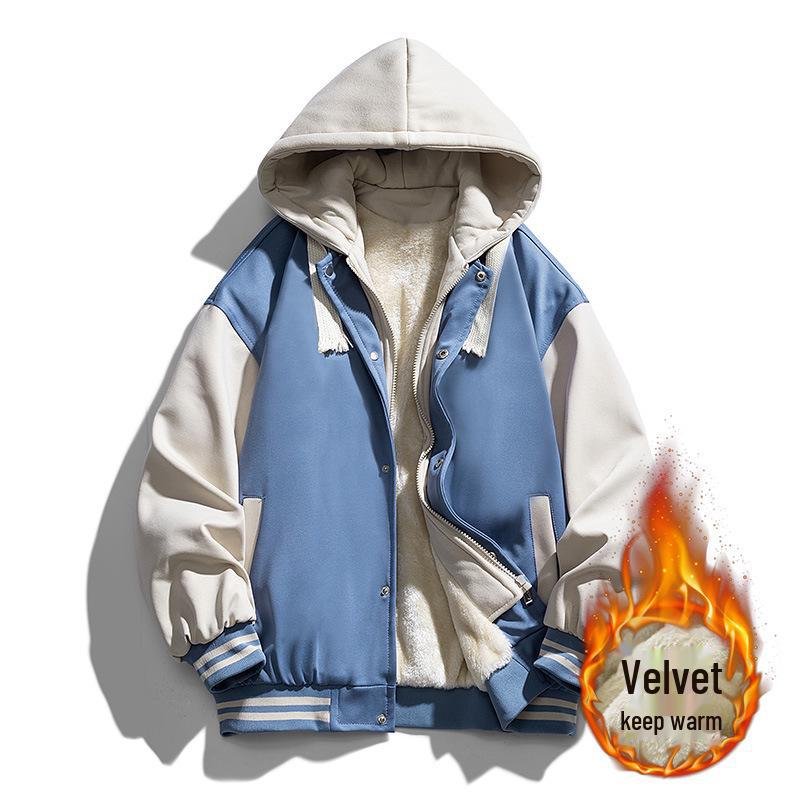 Men's Hong Kong Style Color Block Hooded Baseball Jacket - Trendy Brand, Faux Two-Piece, Plus Velvet Warmth, 2023 Edition