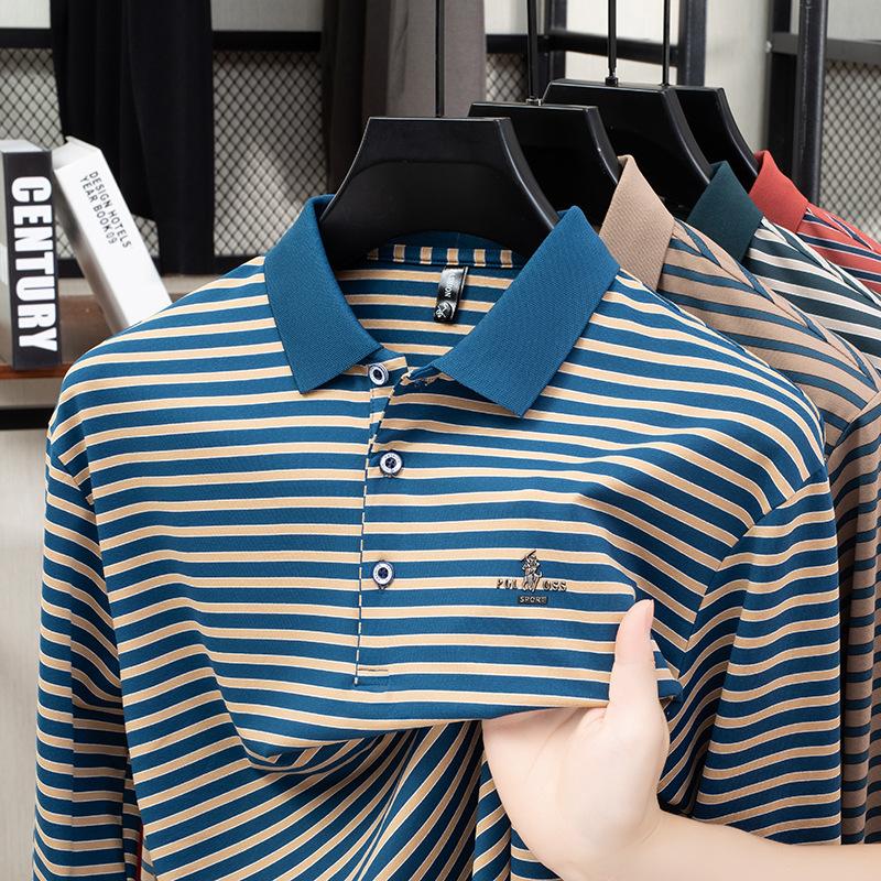 Men's Long Sleeve T-Shirt Striped Wrinkle-Resistant Autumn Business Trendy Lapel Collar Polo Shirt