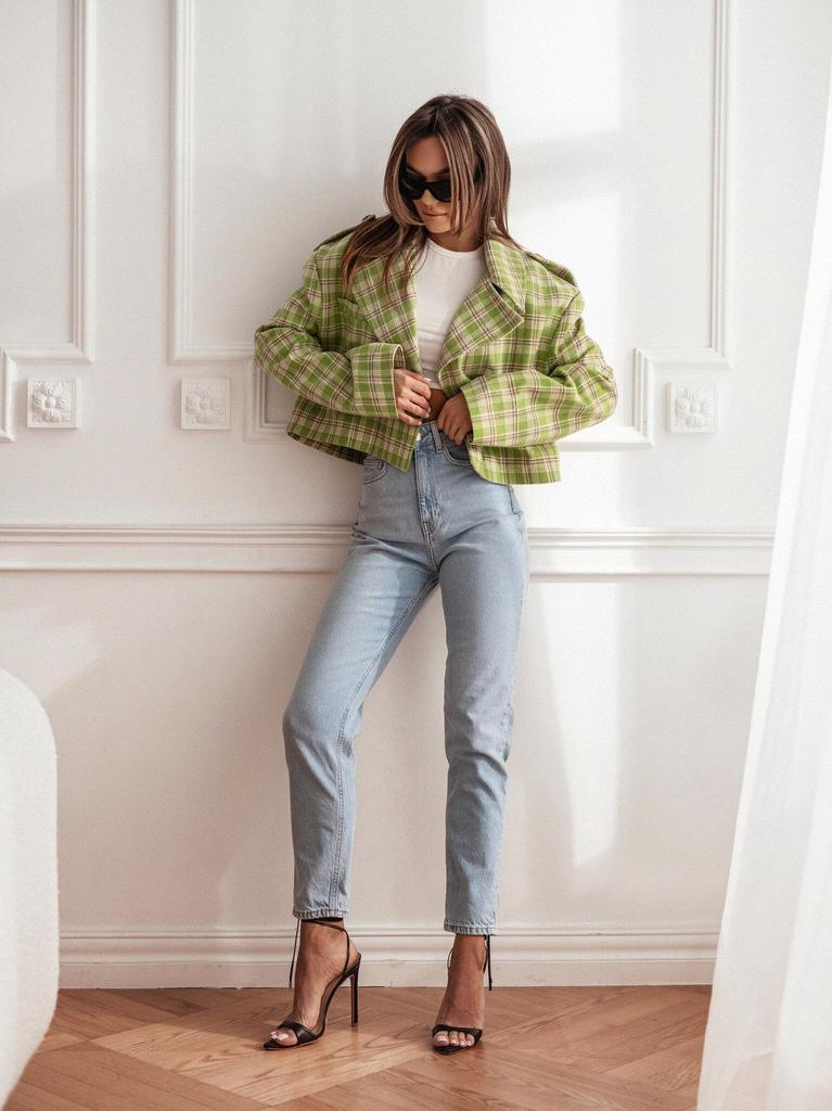 Autumn Plaid Woolen Lapel Jacket - British Style Cropped Design