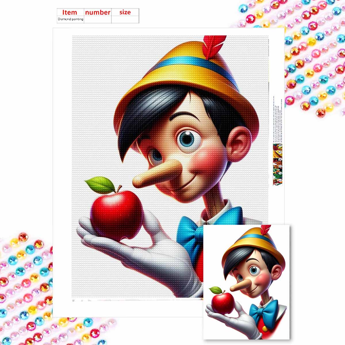 

5D Алмазная живопись своими руками Пиноккио и яблоко Полная выкладка Стразы Мозаика Вышивка Изделия ручной работы Домашний декор Подарок Round 20x30cm