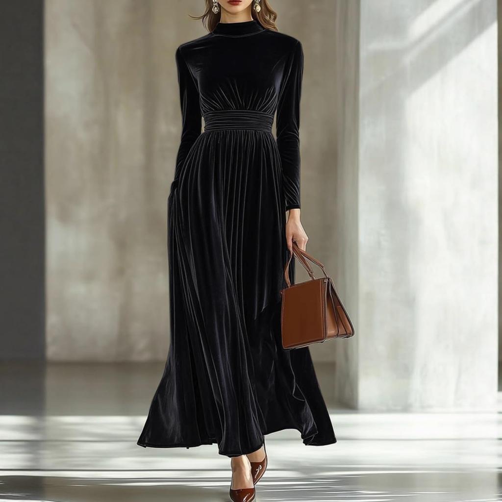 Women's Velvet Long Sleeve Turtleneck Dress for Fall and Winter