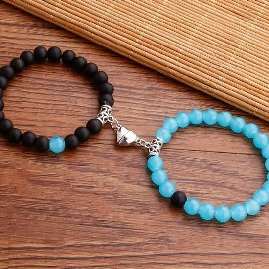Magnetic Heart Couple Bracelets: Trendy Beaded Set for Women