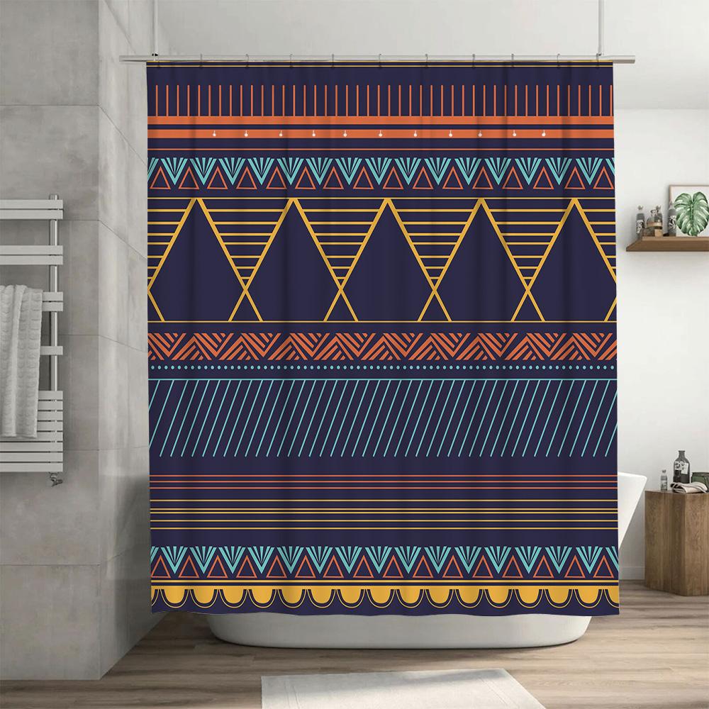Modern Geometric Bath Curtain with Blue Tones Decorative Shower Curtain for Bathroom Decoration