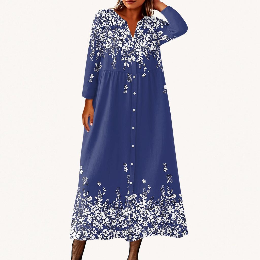 Women's Fashionable Printed Round Neck Seven Quarter Sleeve Button Loose Shirt Dress