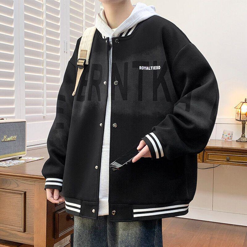 Men's Spring/Fall American Baseball Jacket: Trendy Hong Kong Style for Teens with Round Neck and Stylish Print