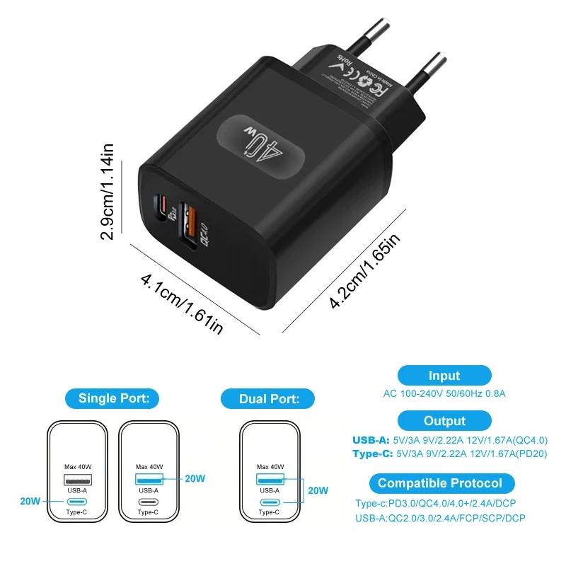 Total 40W USB Fast Charger PD Quick Charge Phone Charger EU/US Plug Adapter For iPhone Xiaomi Samsung  USB C Wall Charger