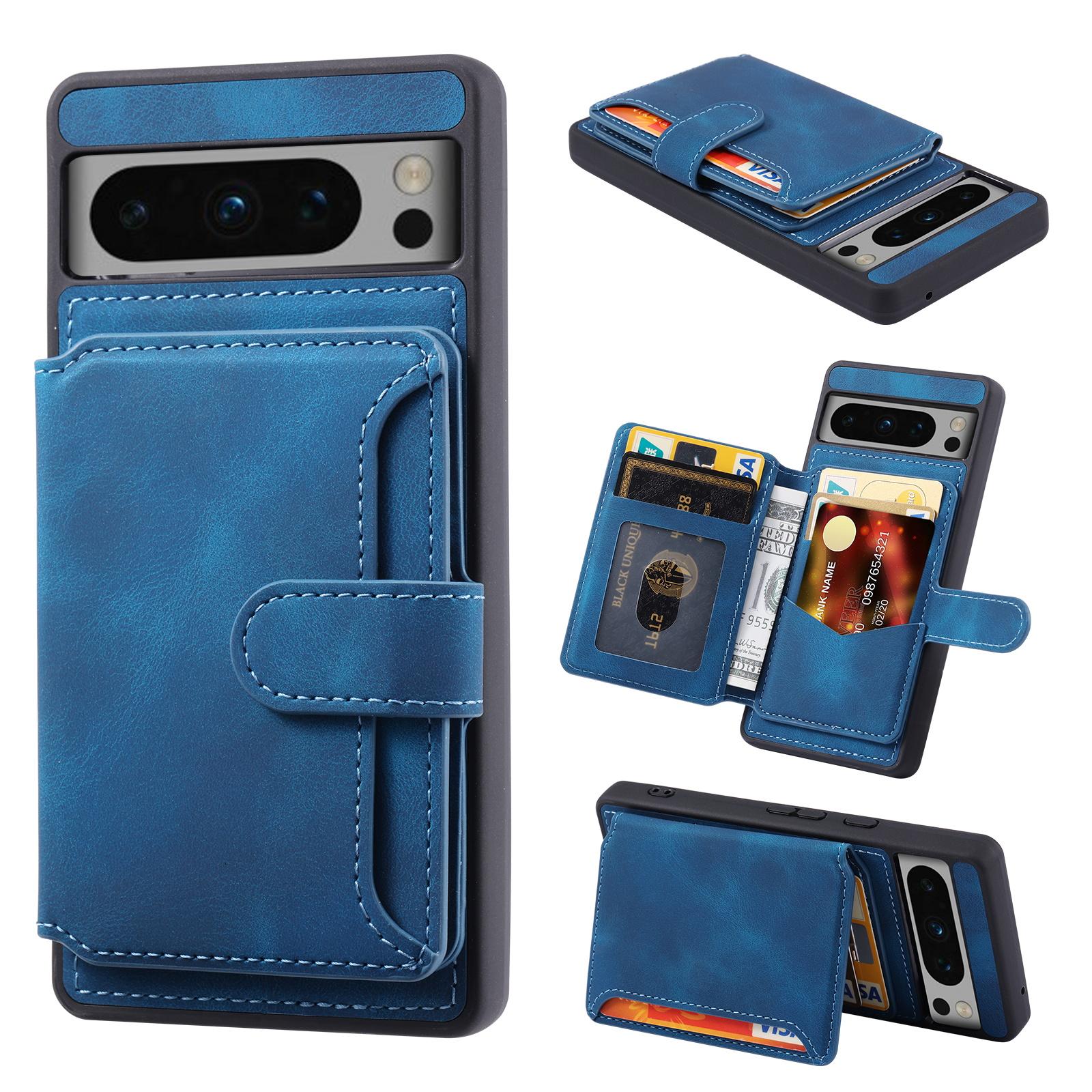 

For Google Pixel 8 Pro RFID Blocking Wallet Case PU Leather Coated TPU Phone Kickstand Cover Blue