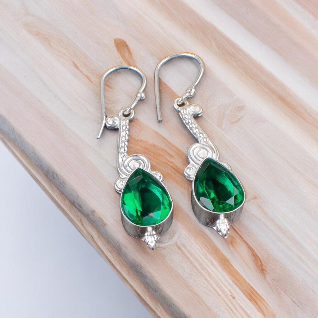 925 Sterling Silver Chrome Diopside Gemstone Lovely Jewelry Hook Earrings 2.10" EE-37-3