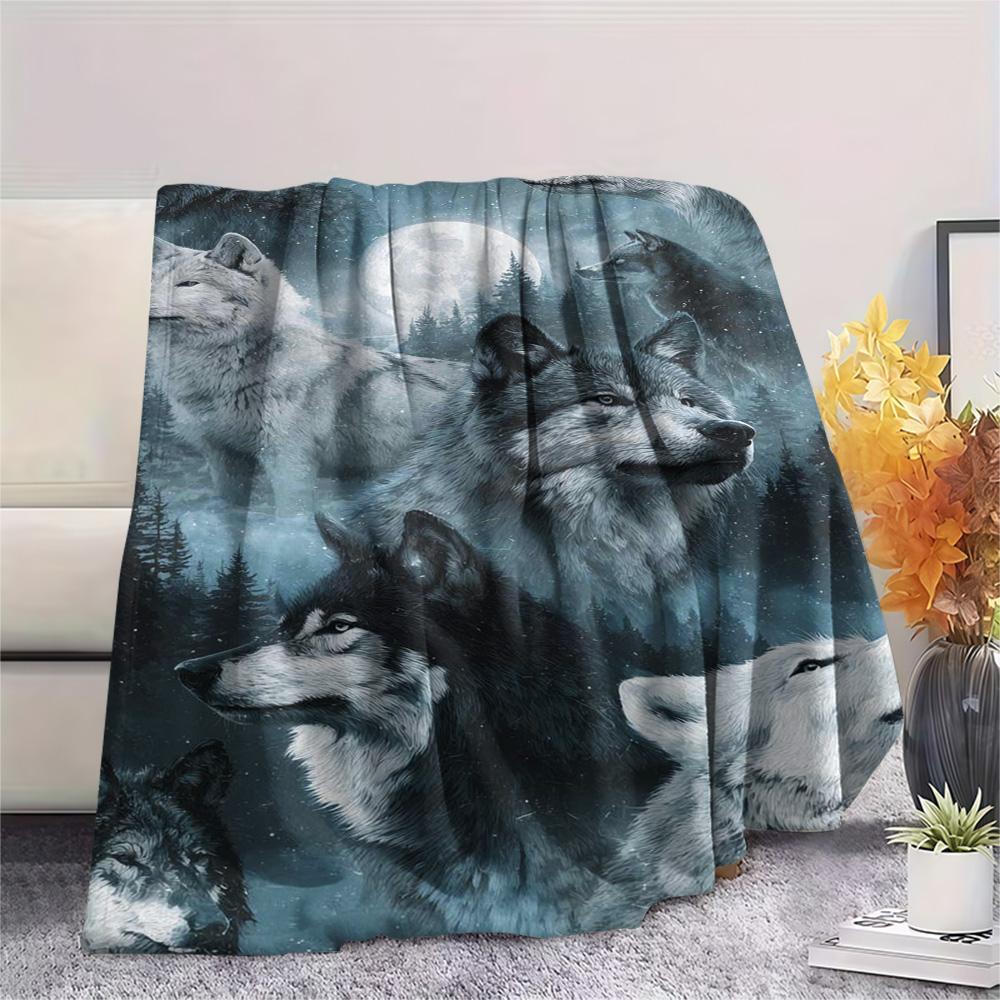 1PC Gray wolf Print Flannel Blanket, High quality Comfortable for All Seasons, Home Decor, Warmth and Comfort