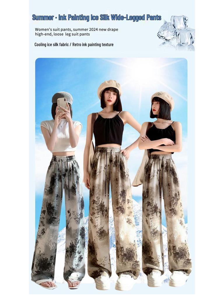 Chinese Style Ink Wash Tie-Dye High-Waisted Wide-Leg Ice Silk Pants for Women