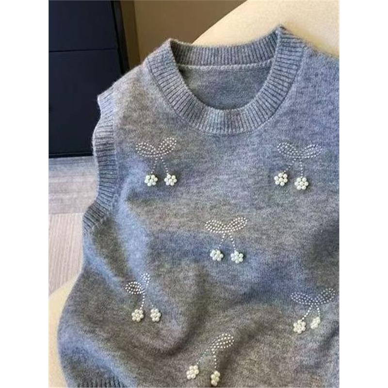 Damen Perlenverzierte Rundhalsweste Koreanisch Locker Nagelperlen Damenpullover Herbstmode Westlicher Stil Damen Strickweste