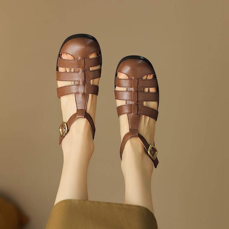 Fashion Women's New Spring/Summer Round Head Leather Comfortable Low Heel Baotou Customized Large Heel Roman Sandals 46 47 48