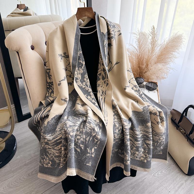New Bamboo Flowers Scarf For Women Warmer Winter Pashmina Print Scarves Shawls Female Thick Blanket Wraps Foulard