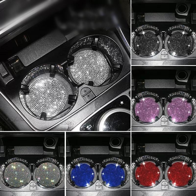 

2pcs Cute Bling Car Cup Holder Coaster Mat with Rhinestone for Women Girl Universal Anti Slip Automotive Interior Accessories