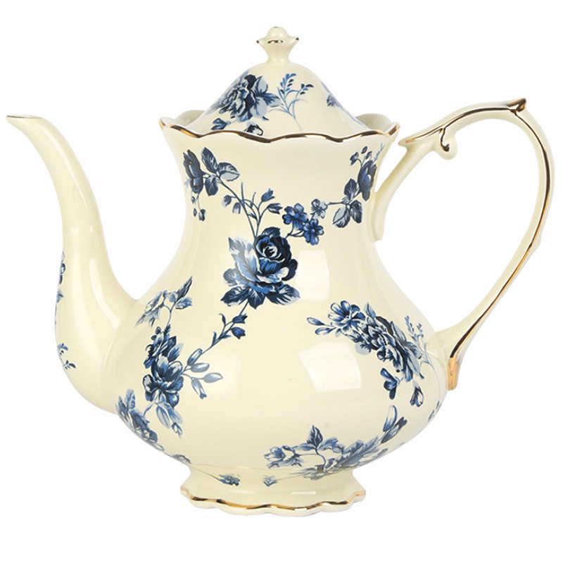 French Retro Blue & White Ceramic Tea Set: Cup, Saucer, Teapot for Elegant Afternoon Tea