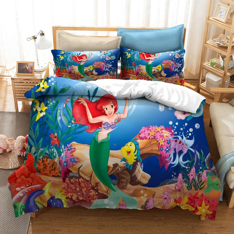 Cartoon Little Mermaid Ariel Printed Bedding Sets For Childrens Girls Bedroom Decor Duvet Cover Set