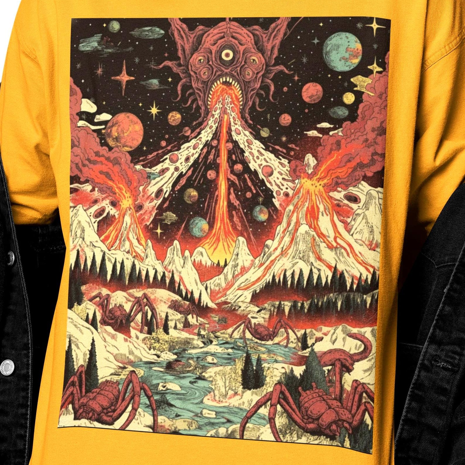 Eldritch Volcano Horror T-Shirt | Cosmic Apocalypse Art Shirt | Surreal Alien Landscape Tee | Dark Fantasy XS to 5XL M