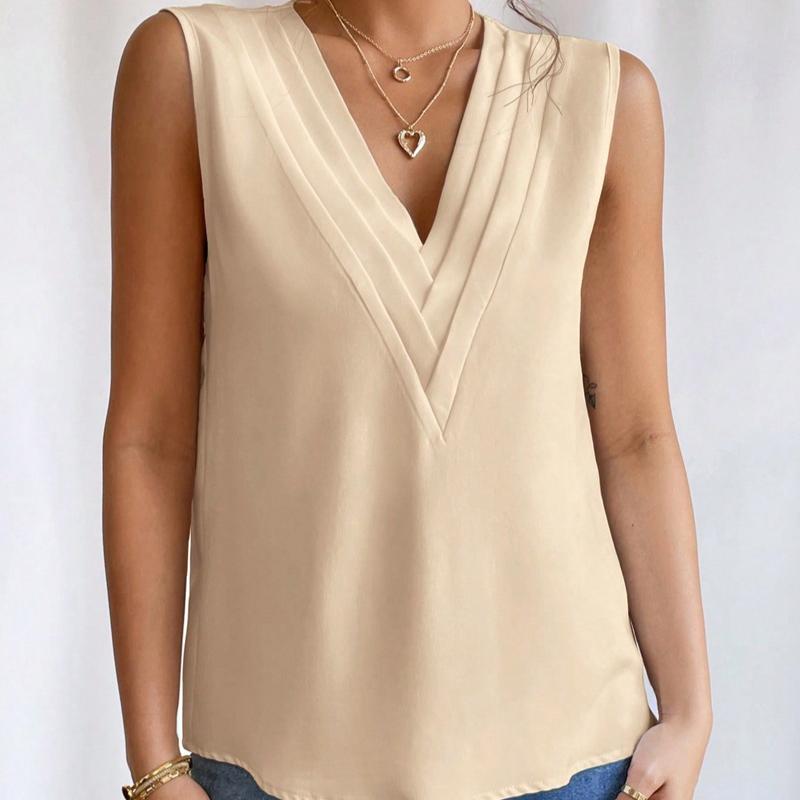 Summer New Pleated V-neck Solid Loose Shirt Women Sleeveless Elegant Casual Woman Blouse Vintage Fashion Office Lady Plus Size Blouses Tops 24716