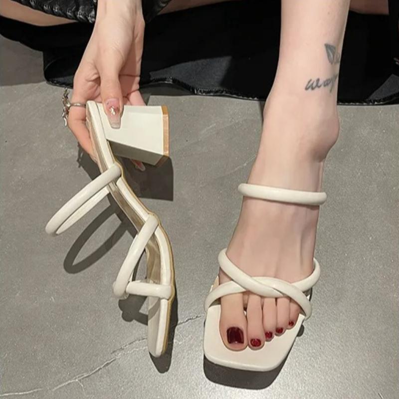 Summer 2026 Women's High Heel Slippers Wedge Peep-toe Slides Chunky Heel Street Style Prom Heels  Simple Slim Heel Sandals