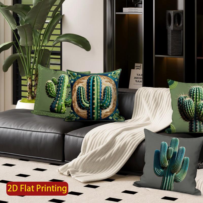 2D Set Of 4 Cactus Themed Throw Pillow Covers Pattern Cushion Cover Suitable For Sofa Bedroom Car Pillow Cover