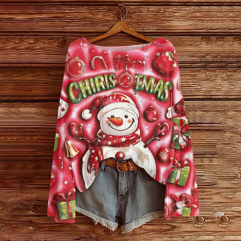 Women's Fashion Round Neck Long Sleeve Christmas Print Casual Knit Pullover Top