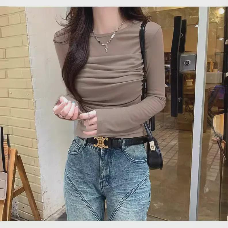 Damen Mesh Plissee Slim-Fit Langarm Oberteil, Frühling/Sommer Trendiges Design