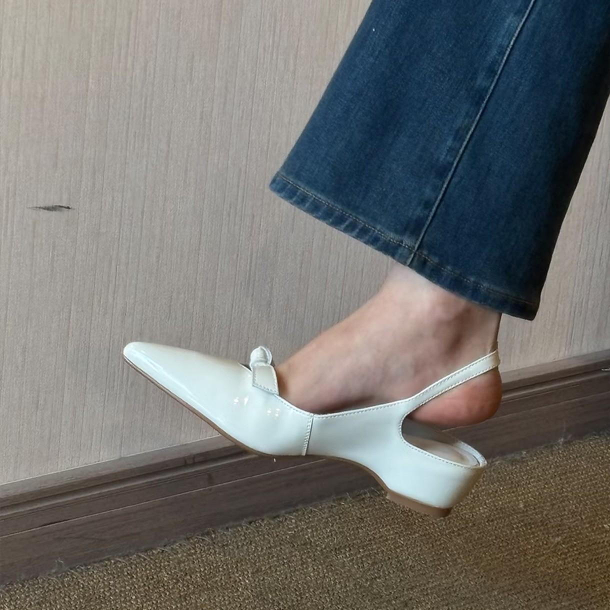 

Sheepskin version~ pointed bow sandals women s inner height increase empty French light mouth temperament Mary Jane bag head sandals 40