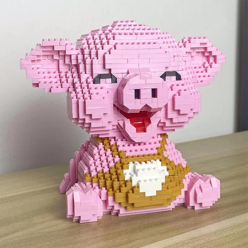 Cute Pink Pig Micro Mini 3D Puzzle Blocks - DIY Stress Relief Creative Building Toy, Zodiac Animal Desk Decor Model for Adults