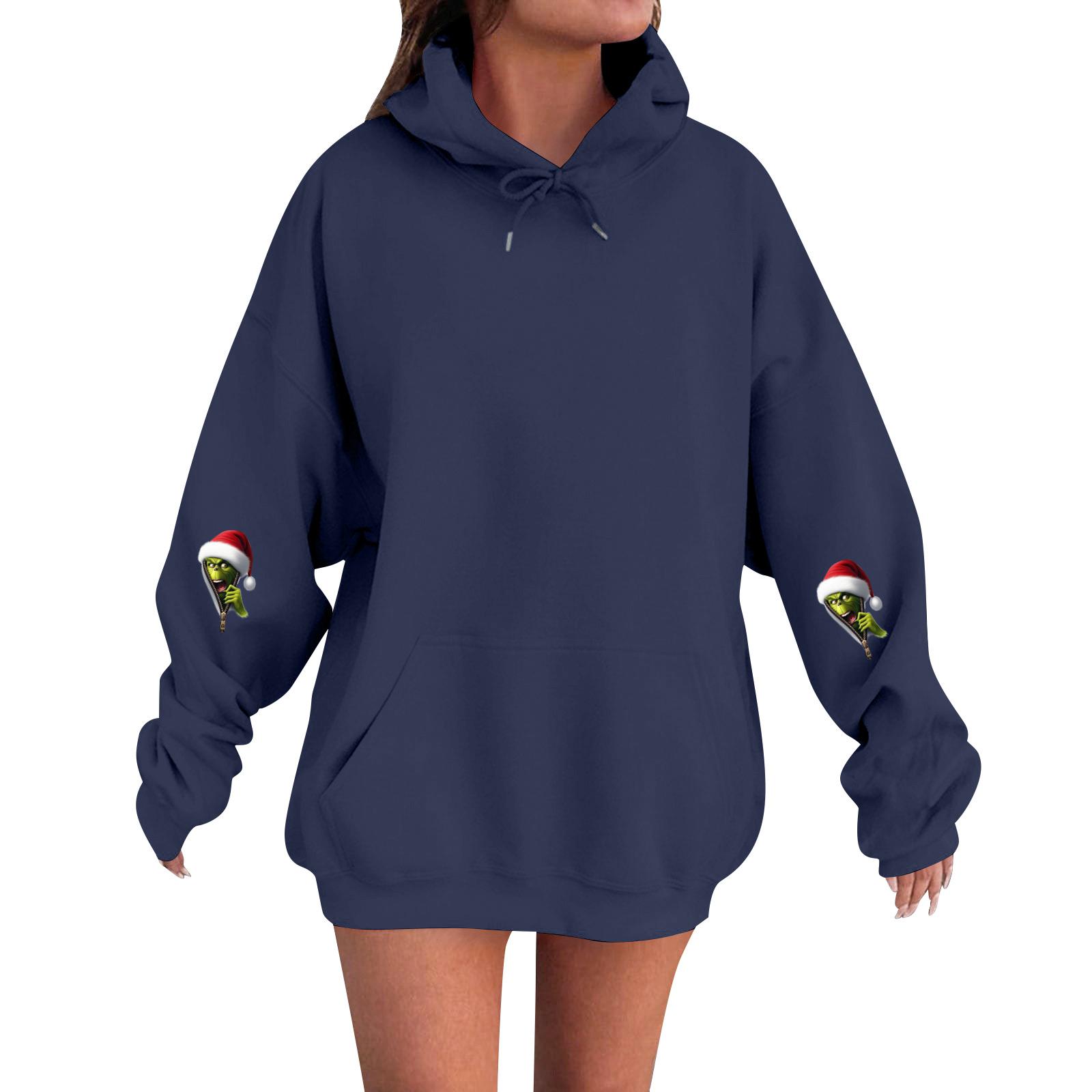 

Женский модный, расслабленный и удобный свитер с круглым вырезом и капюшоном, с длинными рукавами и рождественским принтом, теплый свитер L