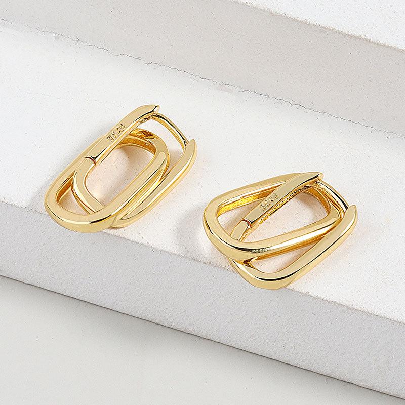 

925 Sterling Silver Earrings For Charm Women Trendy Jewelry Double Rectangle Party Accessories Gifts Round Gold Earring чёрный