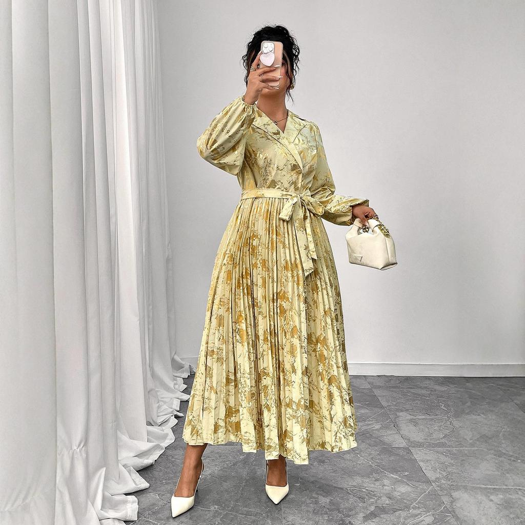 New Long-sleeved V-neck Retro Style Floral Tie Dress