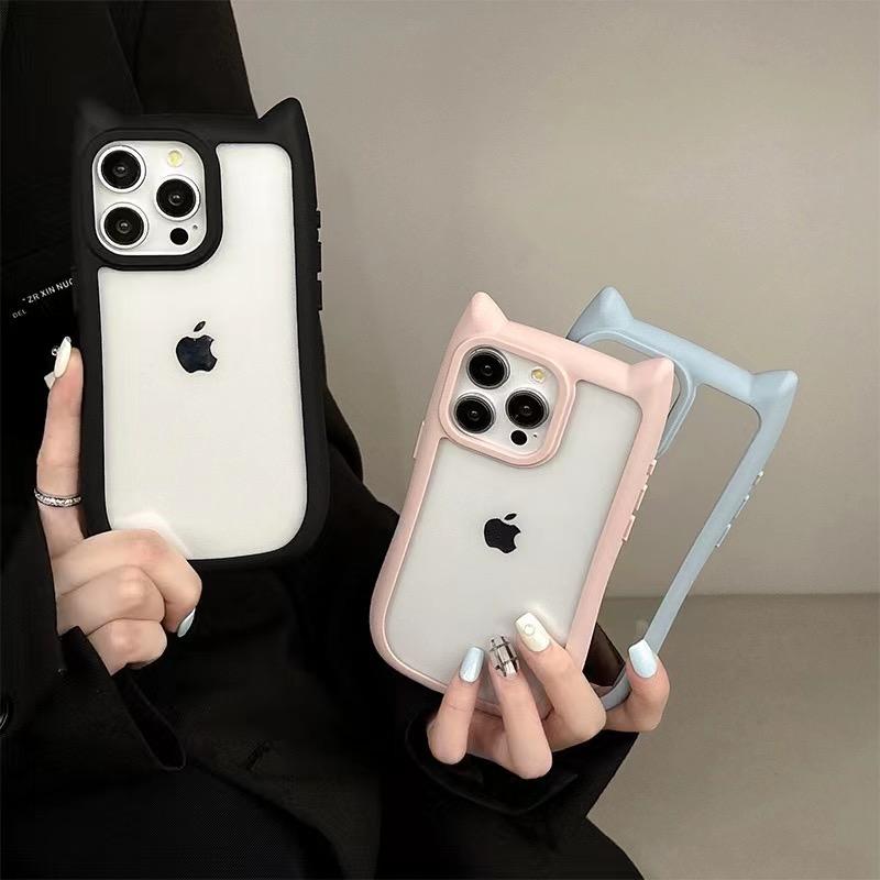Cute Cartoon Cat Ears Transparent Phone Case For iPhone 11 12 13 14 15 16 Pro Max Plus  X XR XS Shockproof Bumper Back Cover