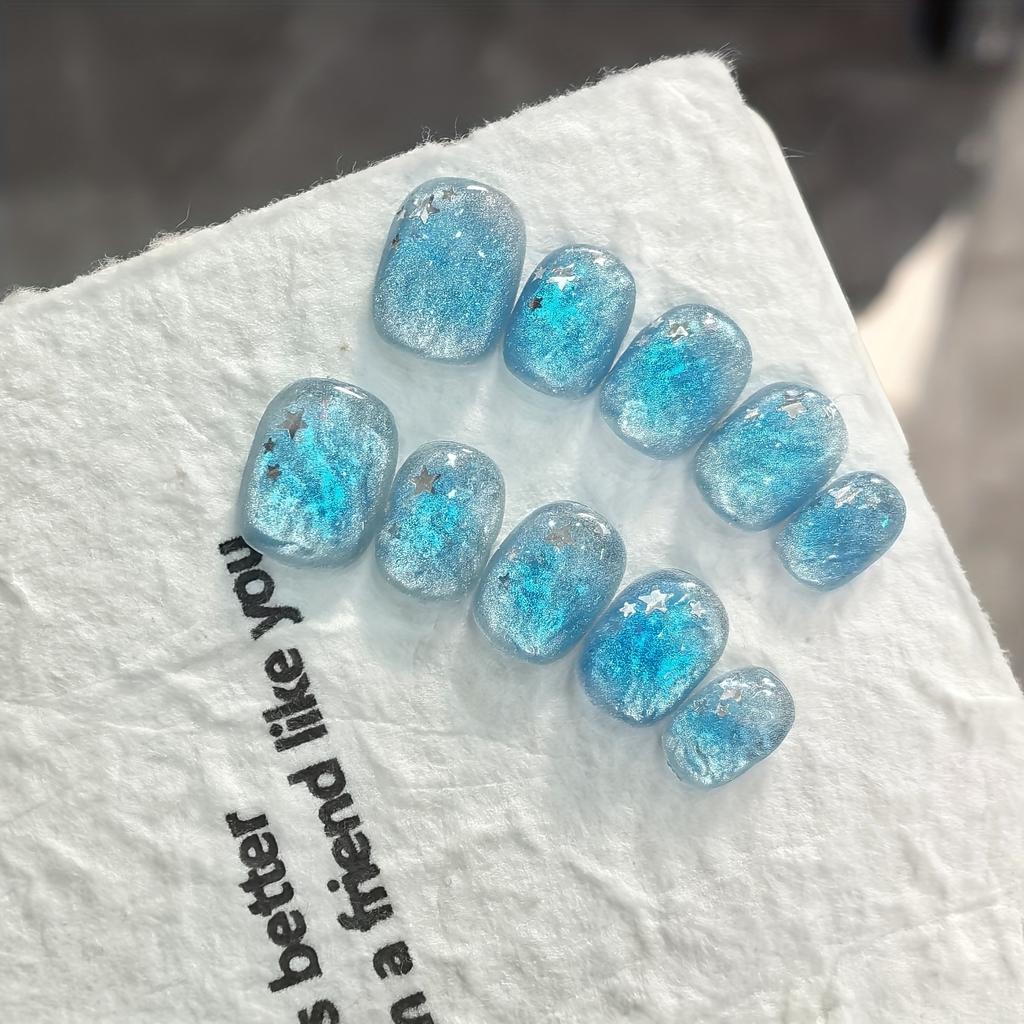 10 Pcs Handmade Ice Blue Ocean Star Short Oval Press On Nails Transparent Texture Reusable False Nails For Women