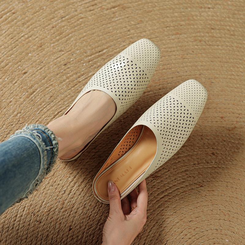 Fashion 2025 New Genuine Leather Hollow Out Mueller Slippers Woman Round Toe Slip-on Casual Shoes Summer Shoes Outdoors Walk Shoes Woman